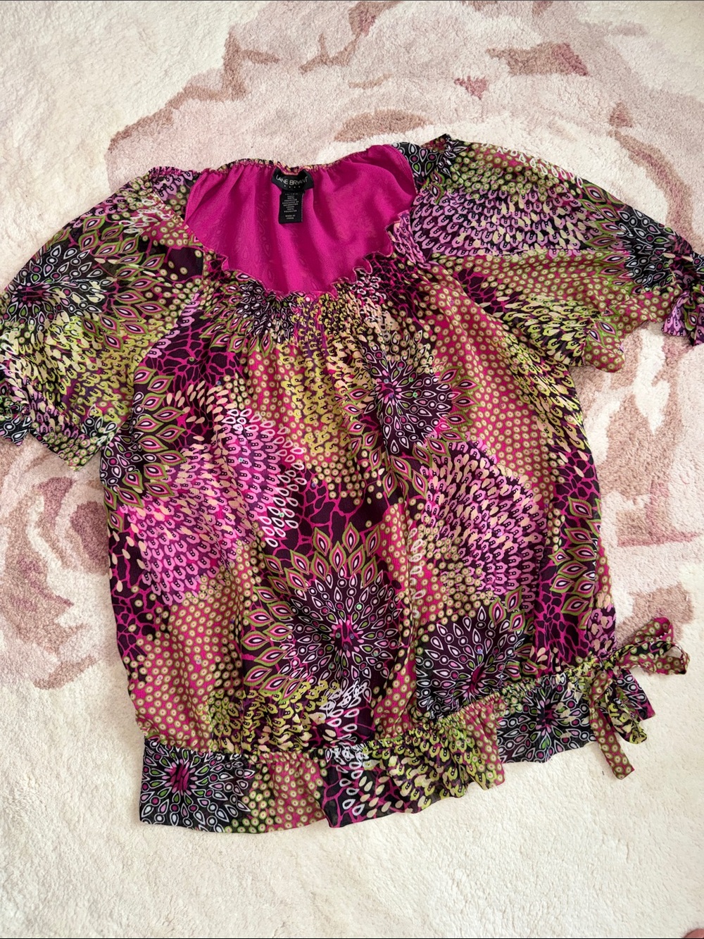 Lane Bryant Pink & Green Floral-Print Peasant Blouse